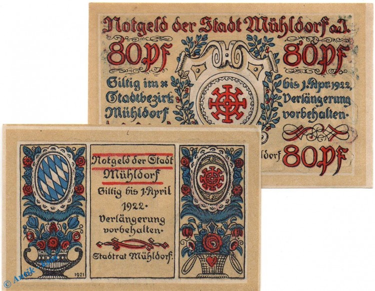 Notgeld Mühldorf , Set mit 2 Scheinen in kfr. Mehl Grabowski 904.2 , von 1921 , Bayern Seriennotgeld