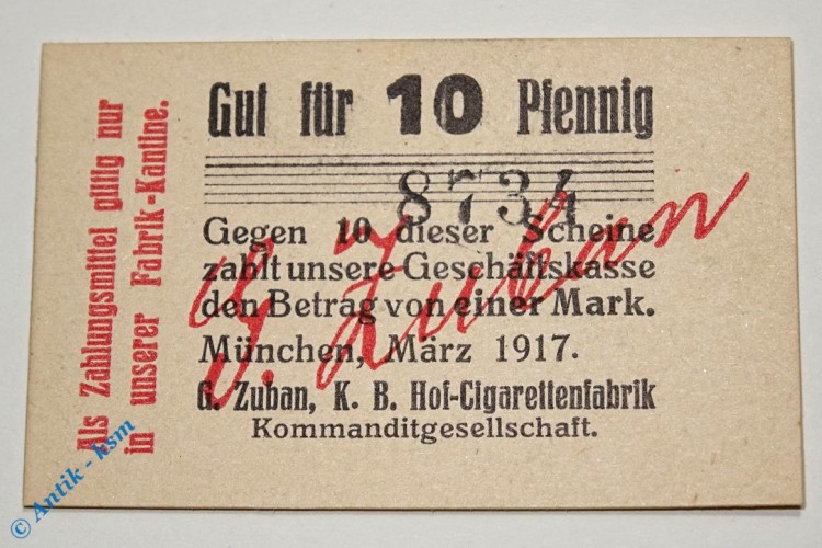 Notgeld München , Zuban Cigarettenfabrik , 10 Pfennig Schein , Tieste 4680.2065.06 , Bayern Verkehrsausgabe