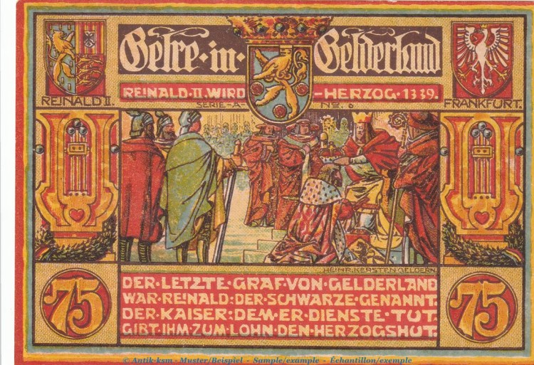 Notgeld Männergesangsverein Geldern 415.1.1 , 75 Pfennig Schein Nr.6 in kfr. von 1921 , Westfalen Seriennotgeld