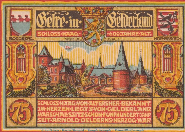 Notgeld Männergesangsverein Geldern 415.2 , 75 Pfennig Schein -B- Nr.1 in kfr. von 1921 , Westfalen Seriennotgeld