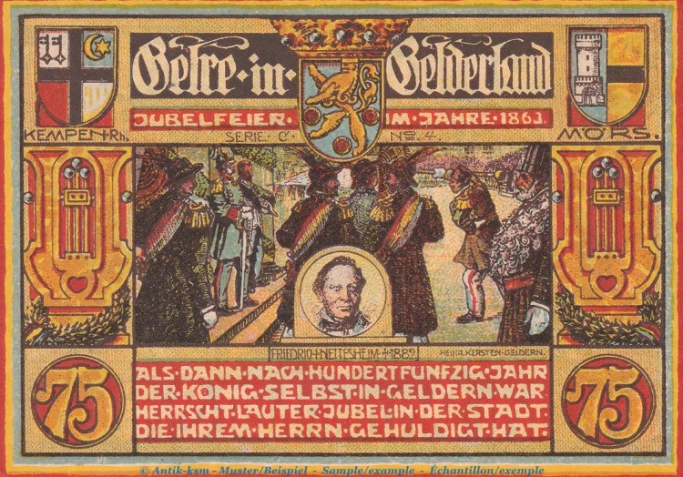 Notgeld Männergesangsverein Geldern 415.3 , 75 Pfennig C , Bru-He. Nr.4 in kfr. von 1921 , Westfalen Seriennotgeld