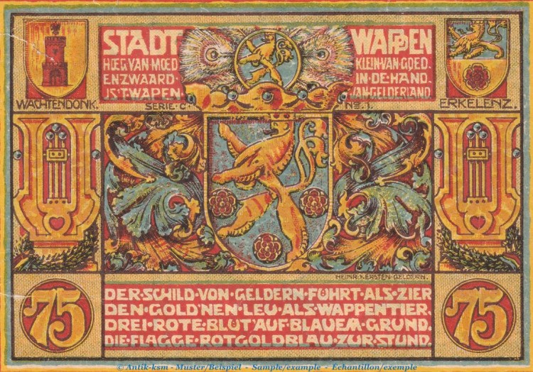 Notgeld Männergesangsverein Geldern 415.4 , 75 Pfennig C , Neu-He. Nr.1 in f-kfr. von 1921 , Westfalen Seriennotgeld