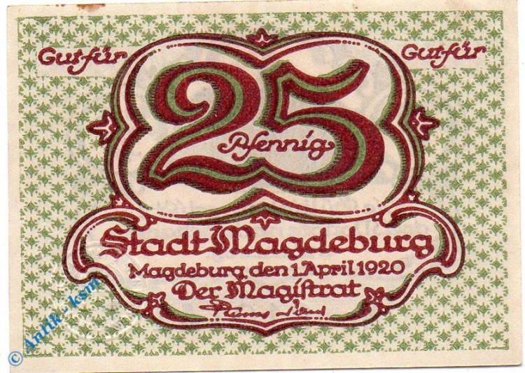 Notgeld Magdeburg , 25 Pfennig Schein , Tieste 4330.40.16 , von 1920 , Sachsen Verkehrsausgabe