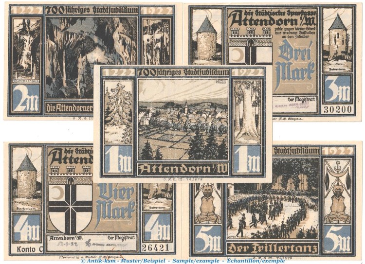 Notgeld Magistrat Attendorn 51.1.b , Set mit 5 Scheinen -Datum + Us.- in kfr. o.D. Westfalen Seriennotgeld