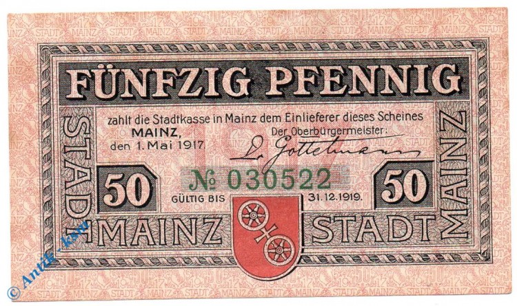 Notgeld Mainz , 50 Pfennig Schein , Tieste 4350.15.01 , von 1917 , Hessen Verkehrsausgabe