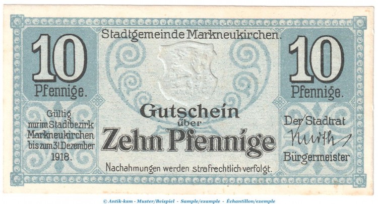 Notgeld Markneukirchen , 10 Pfennig Schein , Tieste 4400.05.01 , Sachsen Verkehrsausgabe