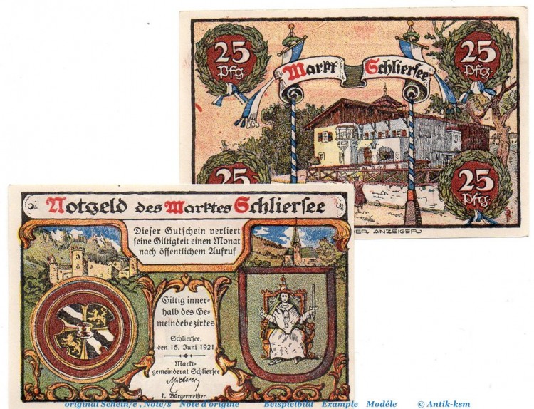 Notgeld Markstgemeinde Schliersee 1182.1  Set mit 2 Scheinen in kfr. von 1921 , Bayern Seriennotgeld