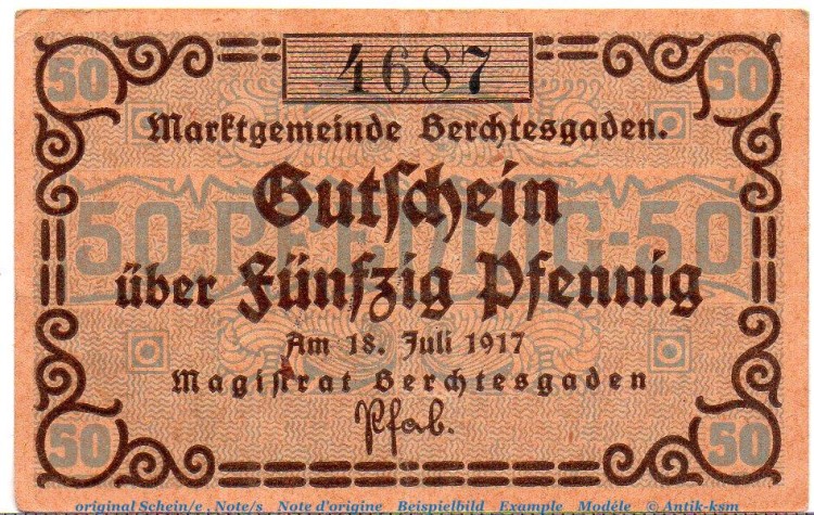 Notgeld Marktgemeinde Berchtesgaden 0425.05.01 , 50 Pfennig Schein in gbr. von 1917 , Bayern Verkehrsausgabe