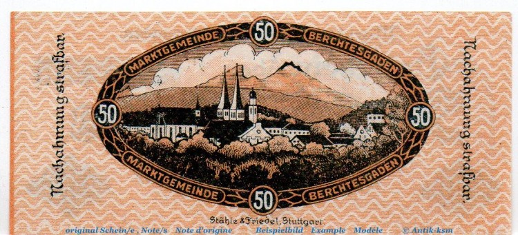 Notgeld Marktgemeinde Berchtesgaden 0425.05.05 , 50 Pfennig Schein in kfr. von 1918 , Bayern Verkehrsausgabe
