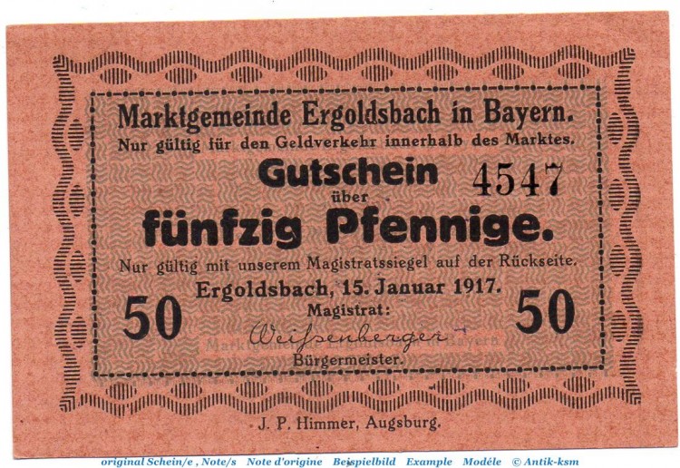 Notgeld Marktgemeinde Ergoldsbach 1760.05.11 , 50 Pfennig Schein in kfr. von 1917 , Bayern Verkehrsausgabe