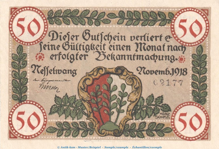 Notgeld Marktgemeinde Nesselwang , 50 Pfennig Schein in kfr. Tieste 4800.05.17 von 1918 , Bayern Verkehrsausgabe