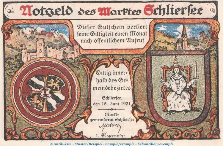 Notgeld Marktgemeinde Schliersee 1182.1 , 25 Pfennig Schein in kfr. von 1921 , Bayern Seriennotgeld