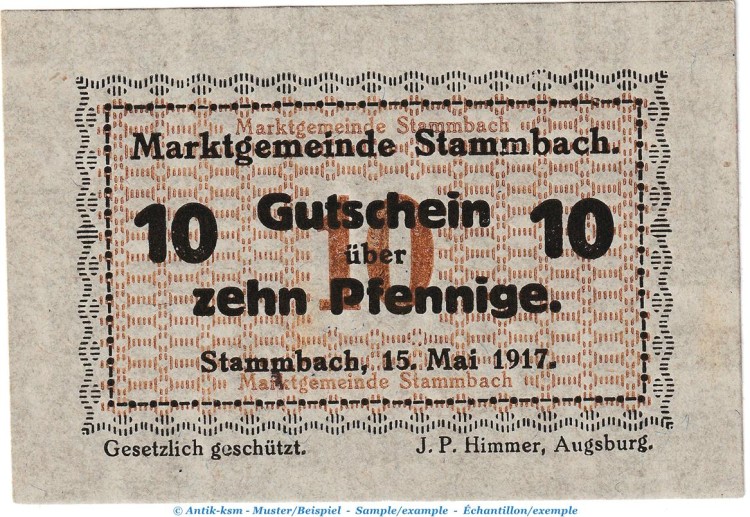 Notgeld Marktgemeinde Stammbach , 10 Pfennig Schein in kfr. Tieste 7070.05.15 von 1917 , Bayern Verkehrsausgabe