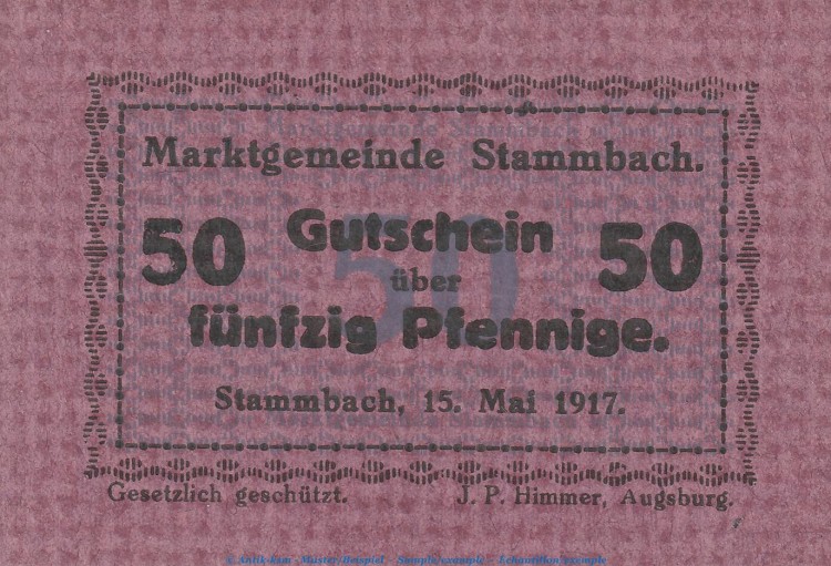 Notgeld Marktgemeinde Stammbach , 50 Pfennig Schein in kfr. Tieste 7070.05.13 von 1917 , Bayern Verkehrsausgabe