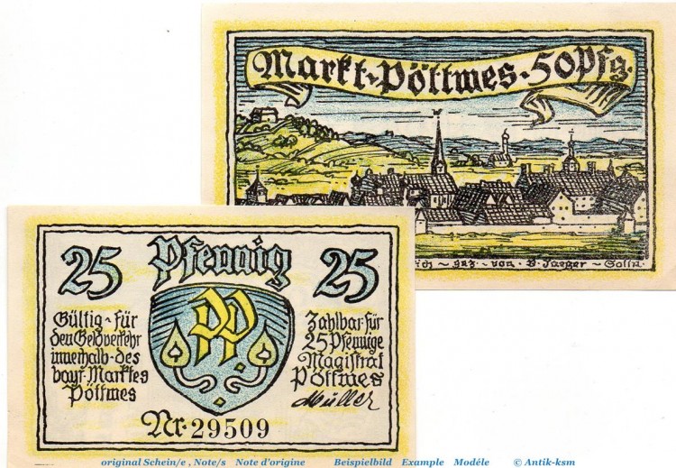 Notgeld Markt Pöttmes 1067.1 , Set mit 2 Scheinen in kfr. von 1921 , Bayern Seriennotgeld