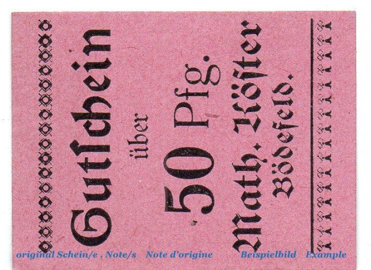 Notgeld Math. Köster Bödefeld 0805.25.11 , 50 Pfennig Schein in kfr. o.D. , Westfalen Verkehrsausgabe