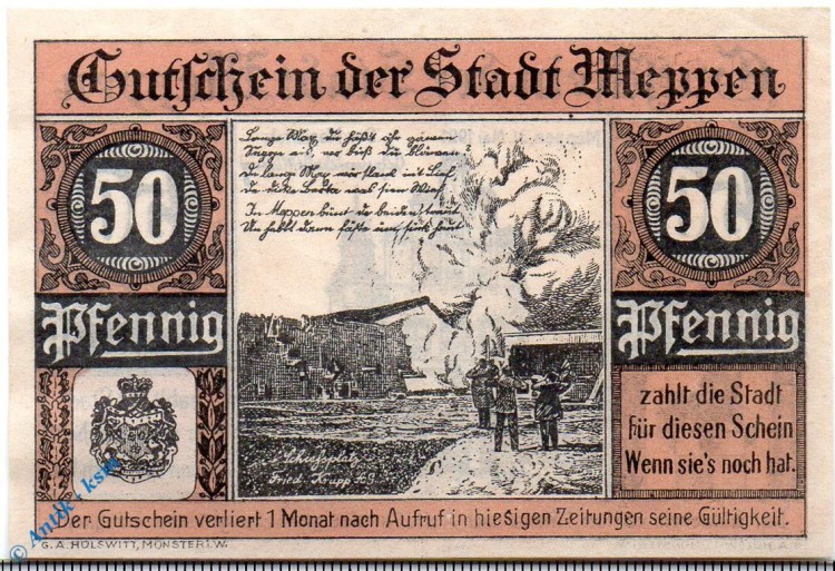 Meppen , Notgeld 50 Pfennig Schein unc.kfr. M-G 883.2 Niedersachsen 1921 Seriennotgeld 