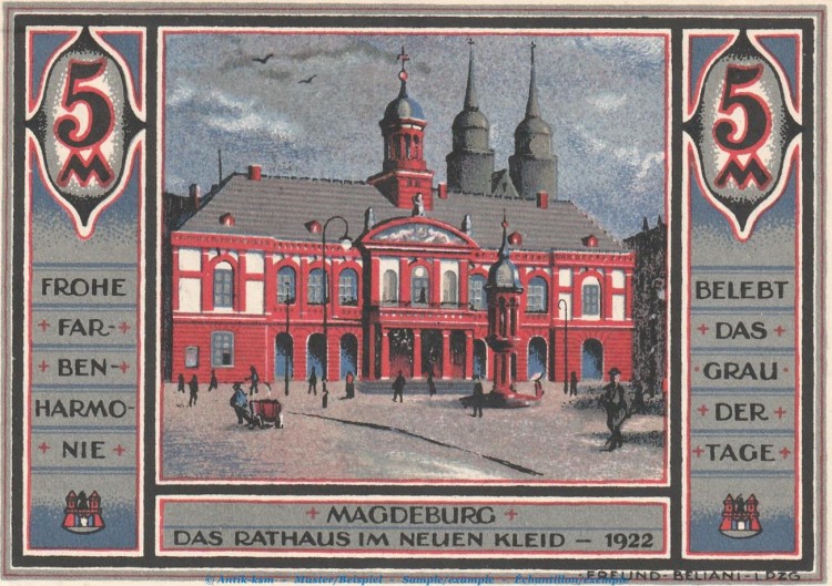 Notgeld MIAMA Magdeburg 855.1.b , 5 Mark Schein in kfr. von 1922 , Sachsen Anhalt Seriennotgeld
