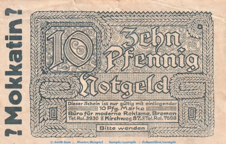 Notgeld Mokkatin Werke Bremen 0895.070.10 , 10 Pfennig Briefmarkengeld in gbr. o.D. Niedersachsen Verkehrsausgabe