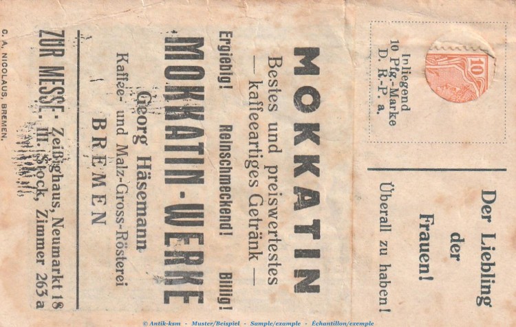 Notgeld Mokkatin Werke Bremen 0895.070.10 , 10 Pfennig Briefmarkengeld in gbr. o.D. Niedersachsen Verkehrsausgabe