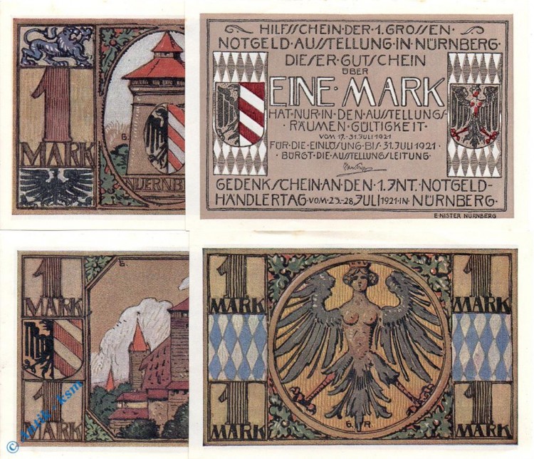 Notgeld Nürnberg , Notgeld Ausstellung , Set mit 4 Scheinen kfr. Mehl Grabowski 991.1 , von 1921 , Bayern Seriennotgeld