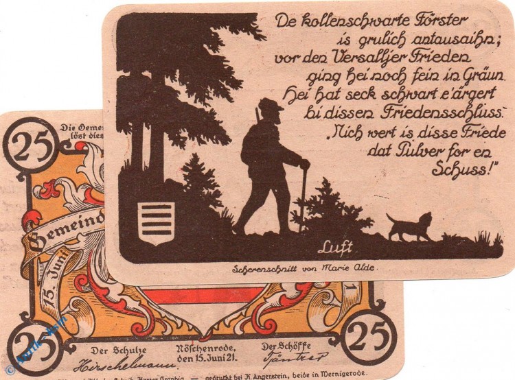 Notgeld Gemeinde Nöschenrode 980.8 , 25 Pfennig gelb Nr.1 in kfr. von 1921 , Sachsen Anhalt Seriennotgeld