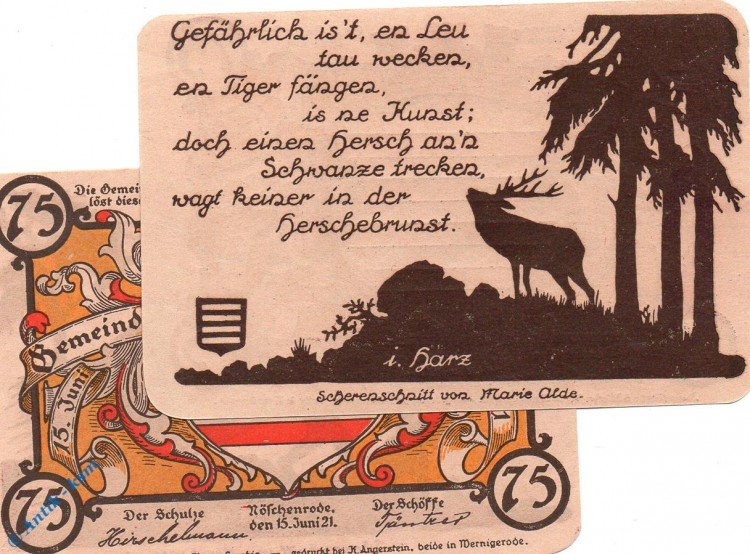 Notgeld Nöschenrode , gelb , 75 Pfennig Schein 6 in kfr. Mehl Grabowski 980.8 , von 1921 , Sachsen Anhalt Seriennotgeld