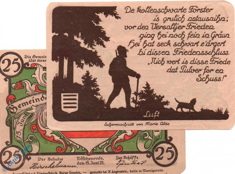 Notgeld Nöschenrode grün , 25 Pfennig Schein , LUFT , Mehl Grabowski 980.11 , Sachsen Anhalt Seriennotgeld