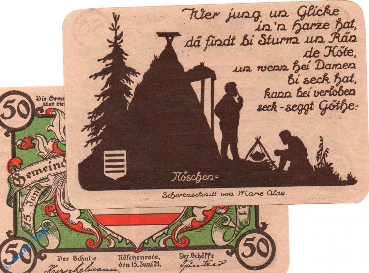 Notgeld Nöschenrode grün , 50 Pfennig Schein Nr 2 in kfr., Mehl Grabowski 980.11 , von 1921 , Sachsen Anhalt Seriennotgeld