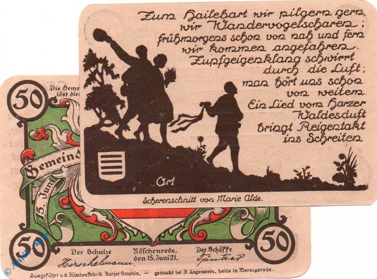 Notgeld Nöschenrode grün , 50 Pfennig Schein Nr 1 in kfr. Mehl Grabowski 980.11 , Sachsen Anhalt Seriennotgeld