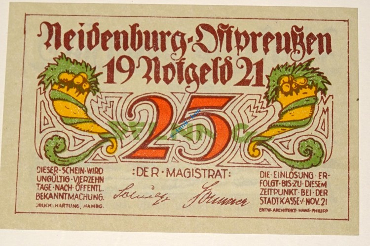 Notgeld Neidenburg , Einzelschein über 25 Pfennig braun - schwarz , Mehl Grabowski 932.4 , Ostpreussen Serien Notgeld