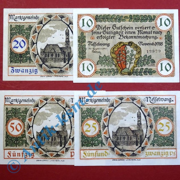 Notgeld Nesselwang , Satz mit 4 Scheinen , Tieste 4800.15 bis 28 , von 1918 , Bayern Verkehrsausgabe