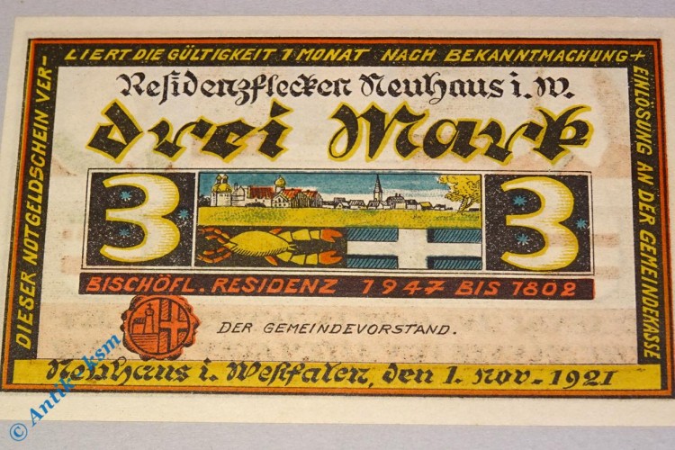 Notgeld Neuhaus , 3 Mark Schein , Druckfehler , Mehl Grabowski 945.1 , von 1921 , Westfalen Seriennotgeld
