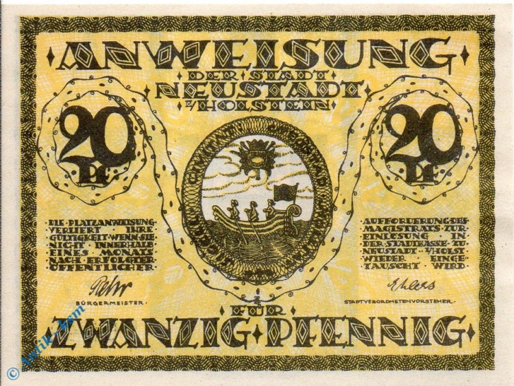 Notgeld Neustadt , Holstein , 20 Pfennig Schein , Tieste 4950.05.05 , Schleswig Holstein Verkehrsausgabe