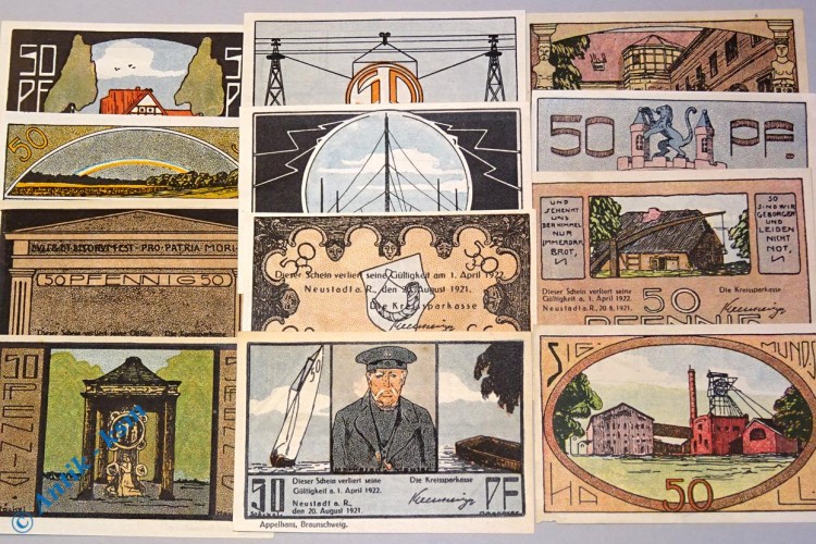 Notgeld Neustadt , Kreissparkasse , 2 Satz mit 12 Scheinen , 966.1 und 2 , von 1921 , Niedersachsen Seriennotgeld