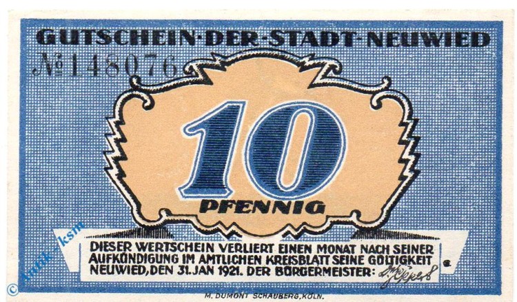 Notgeld Neuwied , 10 Pfennig Schein , mit Us , Tieste 5025.10.20 , von 1921 , Rheinland Verkehrsausgabe