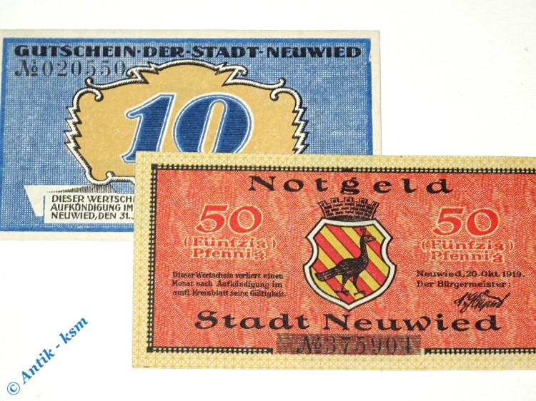 Notgeld Neuwied , Set mit 2 Scheinen , Tieste 5025.10.15 und 25 , von 1919 + 21 , Rheinland Verkehrsausgabe
