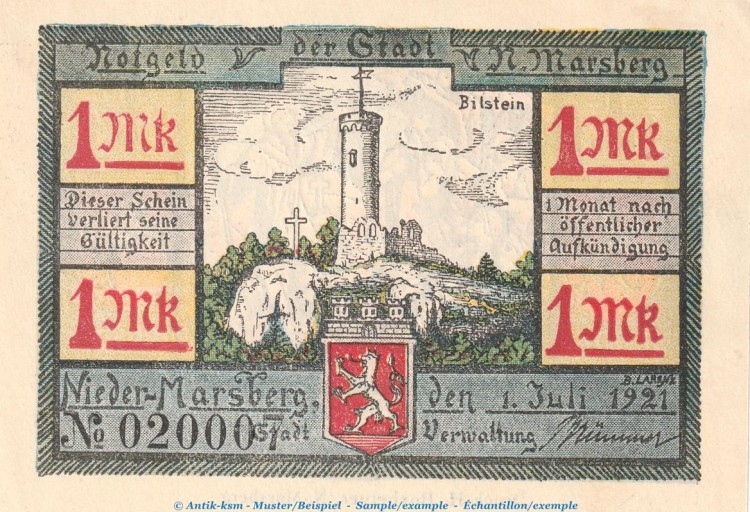 Notgeld Nieder Marsberg 971.2 , 1 Mark Schein in kfr. von 1921 , Westfalen Seriennotgeld