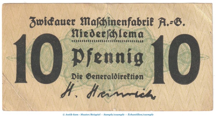 Notgeld Niederschlema , 10 Pfennig Schein in gbr. Tieste 5080.05.02 o.D. Sachsen Verkehrsausgabe