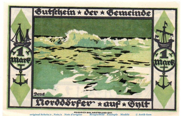 Notgeld Norddörfer Wenningstedt 1405.1 , 1 Mark Schein in kfr. von 1921 , Schleswig Holstein Seriennotgeld