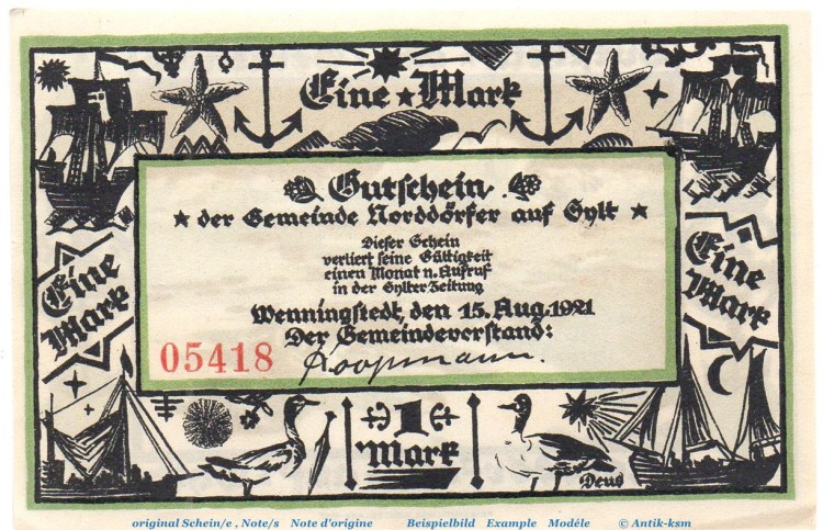 Notgeld Norddörfer Wenningstedt 1405.1 , 1 Mark Schein in kfr. von 1921 , Schleswig Holstein Seriennotgeld