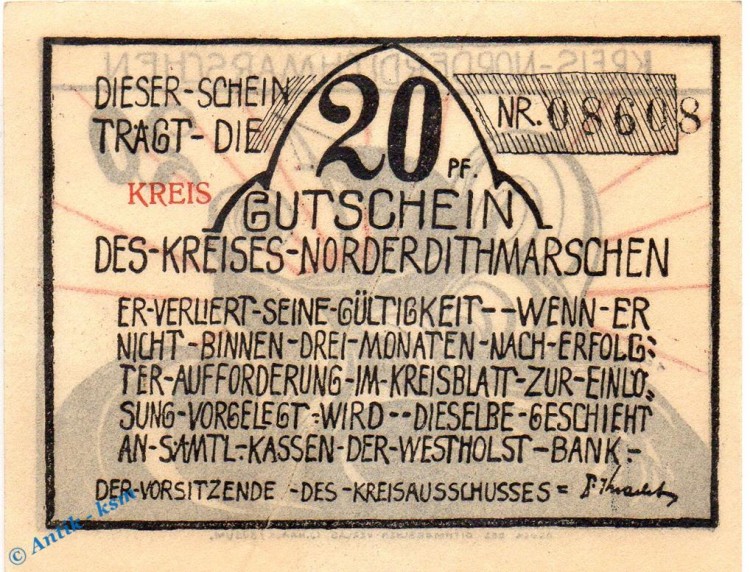 Notgeld Norderdithmarschen , 20 Pfennig Schein in kfr. KREIS , Mehl Grabowski 983.4 , Schleswig Holstein Seriennotgeld