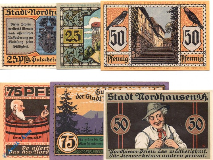Notgeld Nordhausen , Set mit 6 Scheinen kfr. Mehl Grabowski 987.1 , von 1921 , Thüringen Seriennotgeld