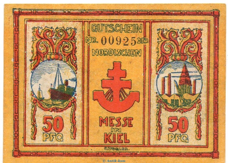 Notgeld Nordische Messe Kiel 698.1.c , 50 Pfennig Schein o. Raster in kfr. von 1921 , Schleswig Holstein Seriennotgeld 