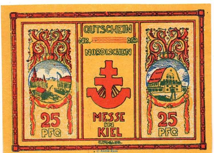 Notgeld Norische Messe Kiel 698.1.b , 25 Pfennig Musterschein o.Kn. in kfr.. von 1921 , Schleswig Holstein Seriennotgeld