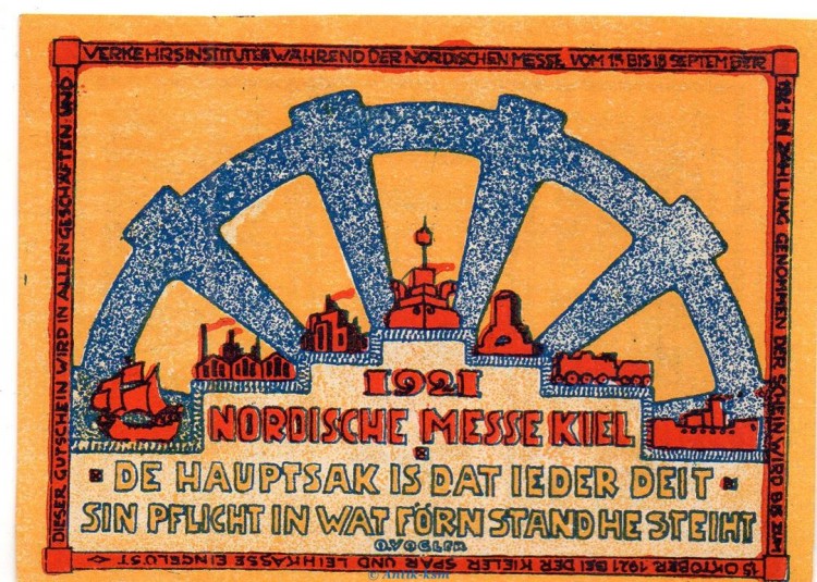Notgeld Norische Messe Kiel 698.1.b , 25 Pfennig Musterschein o.Kn. in kfr.. von 1921 , Schleswig Holstein Seriennotgeld