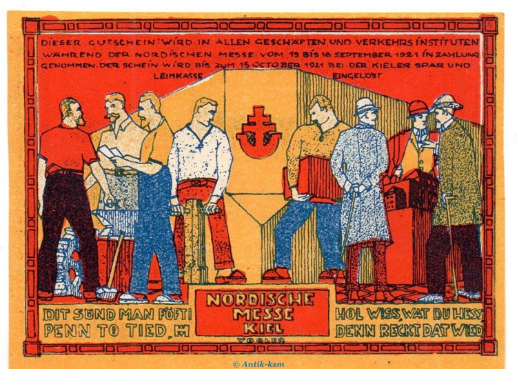 Notgeld Norische Messe Kiel 698.1.b , 50 Pfennig Musterschein o.Kn. in kfr.. von 1921 , Schleswig Holstein Seriennotgeld