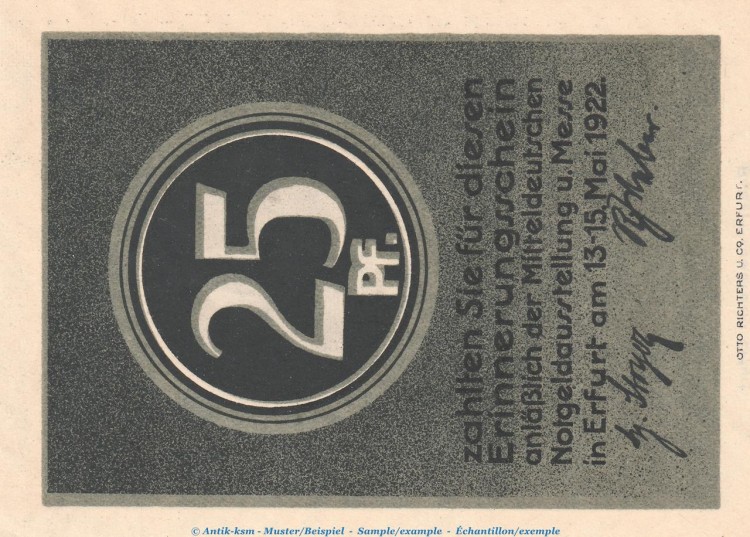 Notgeld Notgeldausstellung Erfurt 343.1 , 25 Pfennig Schein in kfr. von 1922 , Thüringen Seriennotgeld