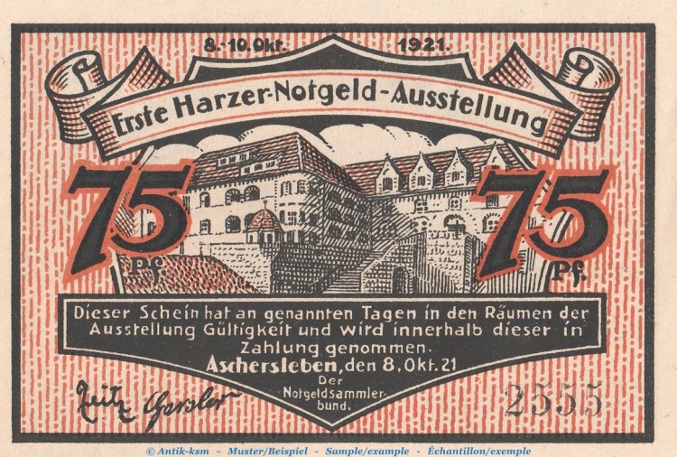 Notgeld Notgeldsammlerbund Aschersleben 49.2 , 75 Pfennig Schein in kfr. von 1921 , Sachsen Anhalt Seriennotgeld