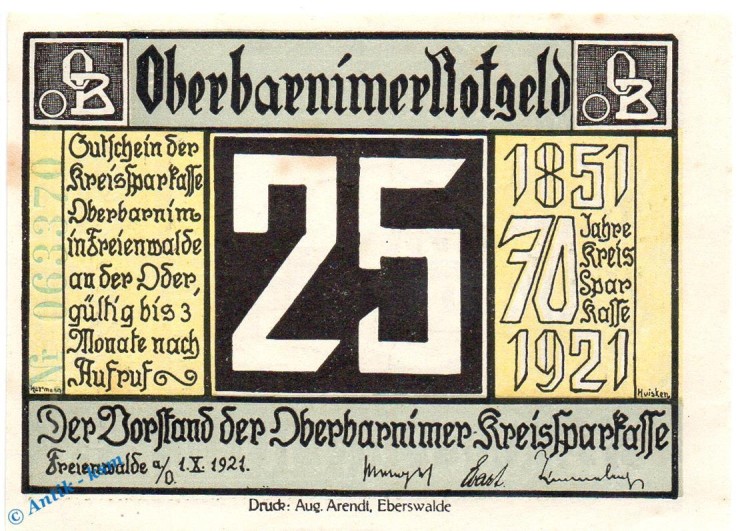 Notgeld Oberbarnim , 25 Pfennig Schein in kfr. Mehl Grabowski 993.1.b , von 1921 , Brandenburg Seriennotgeld